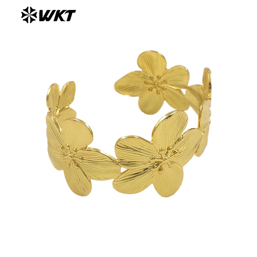 WT-B673 New Beautiful 18K Gold Plated Natural Yellow Brass Flower Shape Wide Bracelet Jewelry Finished for Women As Special Gift