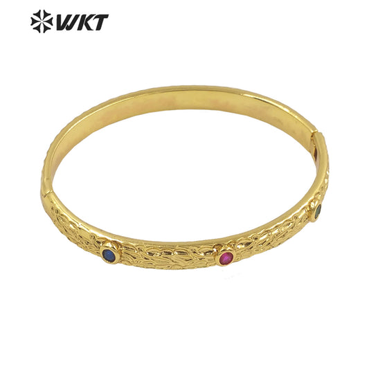 WT-B619 New 18K Real Gold Plated Resist Tarnishable Cubic Zircon Round Cuff Bangle for Women Dubai Hot Metal Bangle