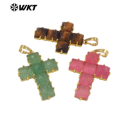 WT-P2113 Wonderful Gold Plated Square Natural Gemstones Splicing Cross Shape Pendants As Friend Handmade Jewelry Gift Findings