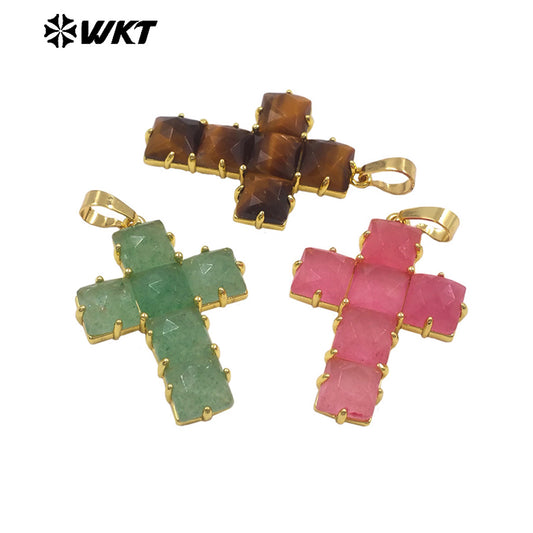 WT-P2113 Wonderful Gold Plated Square Natural Gemstones Splicing Cross Shape Pendants As Friend Handmade Jewelry Gift Findings