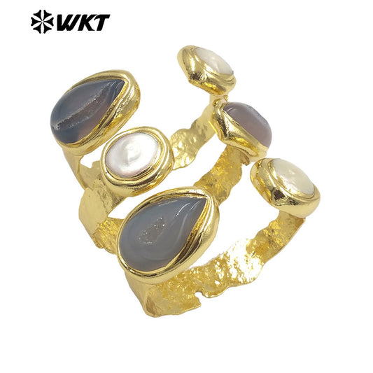 WT-B653 Wholesale New Gorgeous Natural Teardrop Druzy Geode Agate and Real Pearl Bangle in Adjustable With 18k Gold Plated