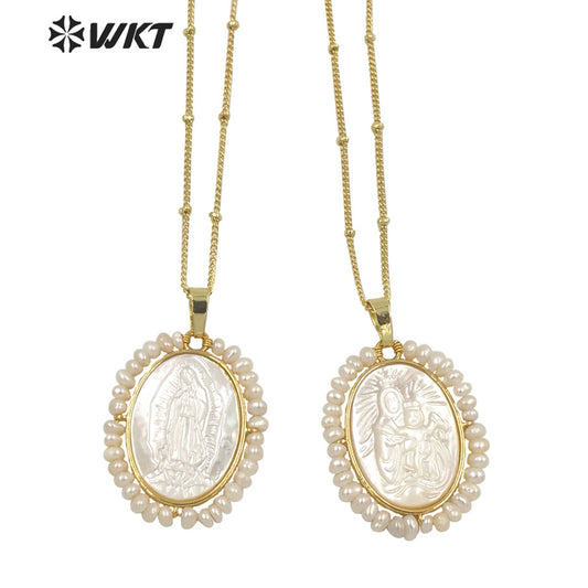 WT-JN158 Wholesale Unique Handmade Fashion Gold Bezel WIRE Wrapped Virgin Mary Pendant Necklace Freshwater Pearl Charm Necklace