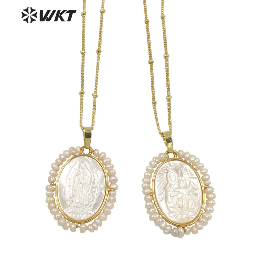 WT-JN158 Wholesale Unique Handmade Fashion Gold Bezel WIRE Wrapped Virgin Mary Pendant Necklace Freshwater Pearl Charm Necklace