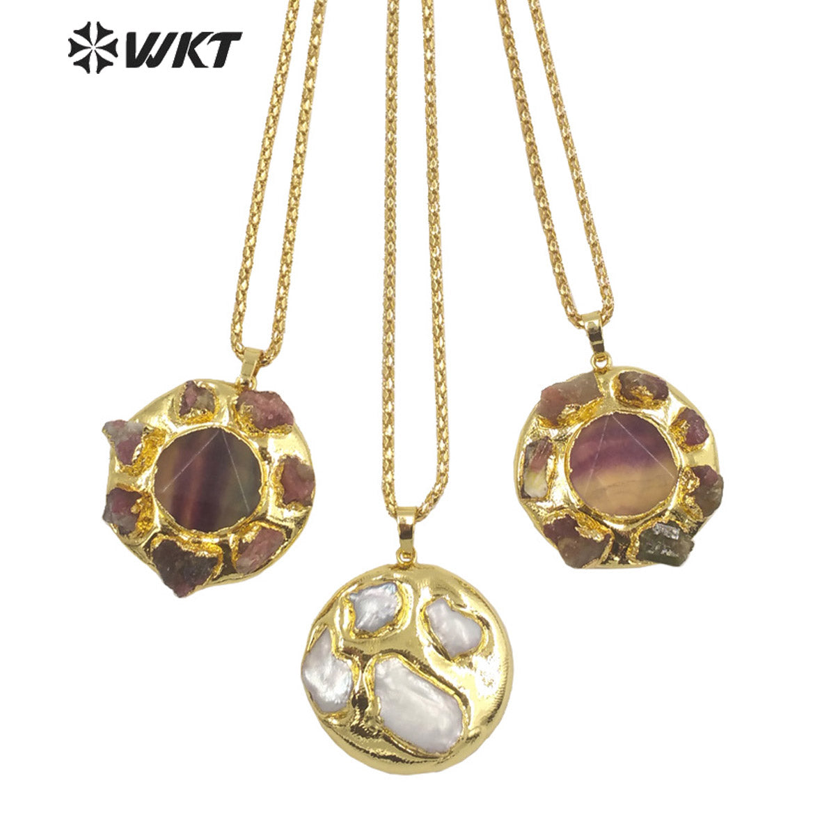 WT-N1448 WKT Exclusive Design Fashion 18K Real Gold Plated Tourmaline&Fluorite Natural Stone Pendant Necklace