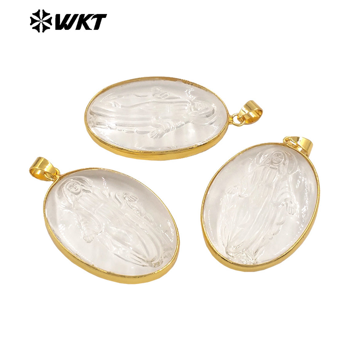 WT-JP427 New Sales Gold Plated Oval Shape Natural Crystal Quartz Stone Hand Carved Figure Clear Pendant For Necklace DIY