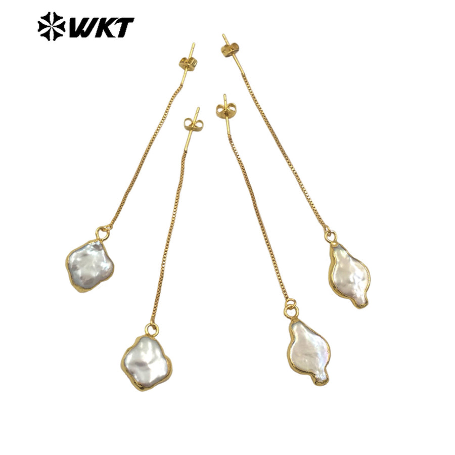 WT-MPE153 High Quality Natural Freshwater Pearl Long Earrings Gold Plated Double Design for Elegant Ladies Tiny Charm Jewelry