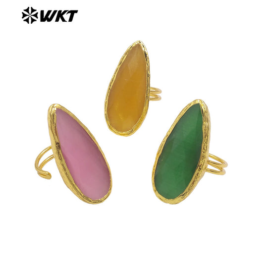 WT-R571 Beautiful Fashion Long Waterdrop Shape Gold Plated Colorful Cat Eye Stones Rings For Women Party Jewelry Accessory
