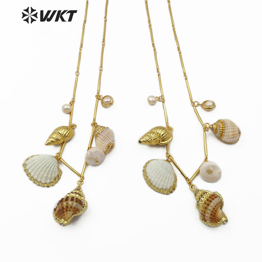 WT-JN098 New Design Natural Pearl and Trumpet Shell Necklace With Gold Electroplated Fashion Seashell Jewelry Necklace