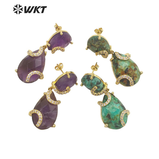 WT-E692 WKT New Design Colorful Spring Match Style Faceted Natural Stone Teardrop Earrings with Cubic Zircon Earrings for Party