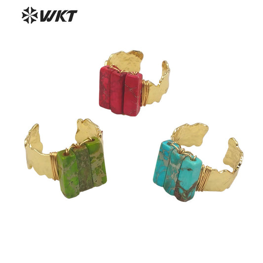 WT-R423 Fashion Gold Wire Wrapped Ocean jasper Ring for Women Colorful Natural Stone Handmade Ring in Bohemian Ring
