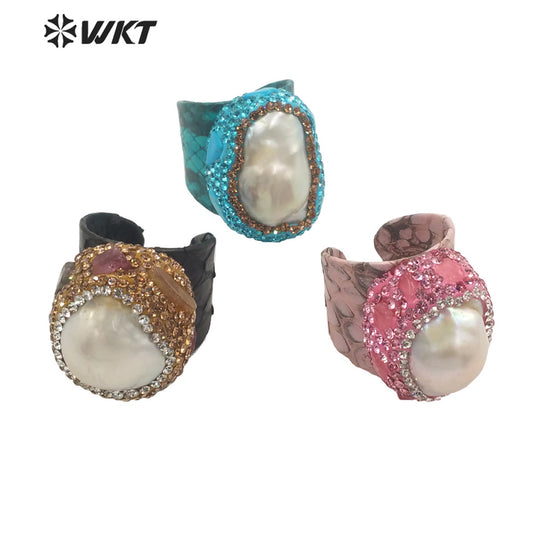 WT-MPR066 Gorgeous Baroque Pearl & Rhinestone Quartz Stone Ring With Pearl for Women Lucky Unique Design Stone Ring