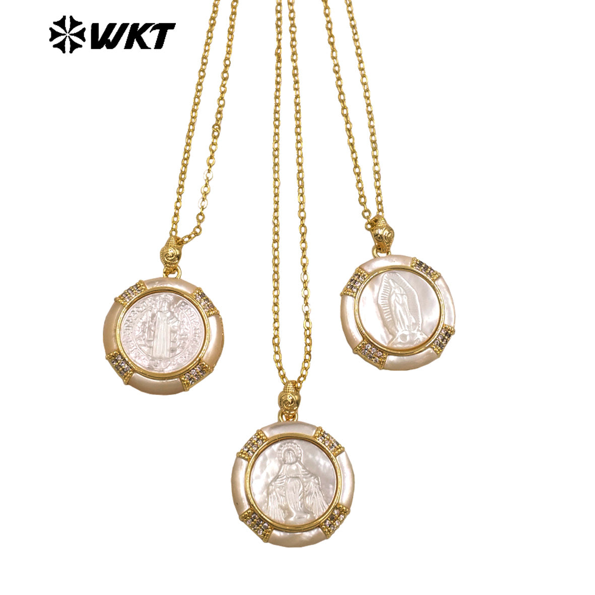 WT-JN357 Newest Gold Plated MOP Shell Hand Carved Religious Style Pattern Round Pendant Necklace For Girls Causal Matching