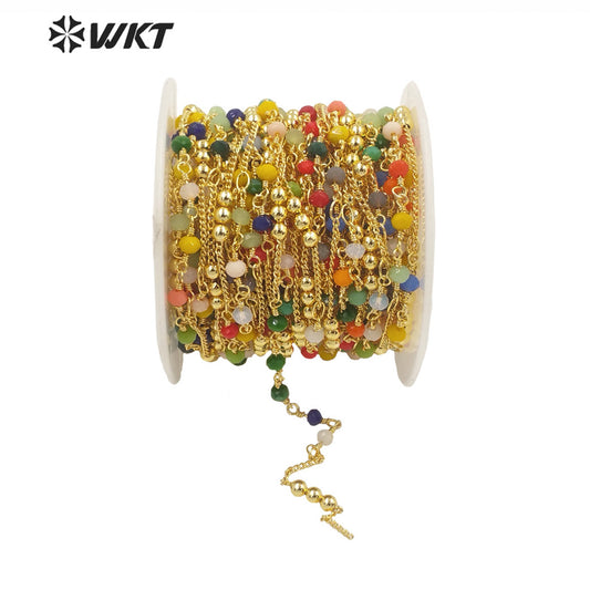 WT-RBC199 Wholesale Gold Plated Women DIY Jewelry Brass Rosary Beads Chain Handmade Jewelry Necklace Chain Colorful Beads Chain