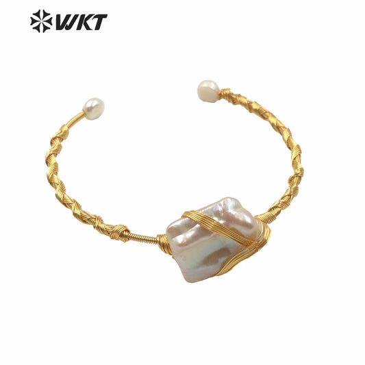 MPB012 Gorgeous Unique Freshwater Pearl Cuff Bracelet Bangle Women Fashion Gold Wire Wrapped Pearl Party Gift Bangle Jewelry