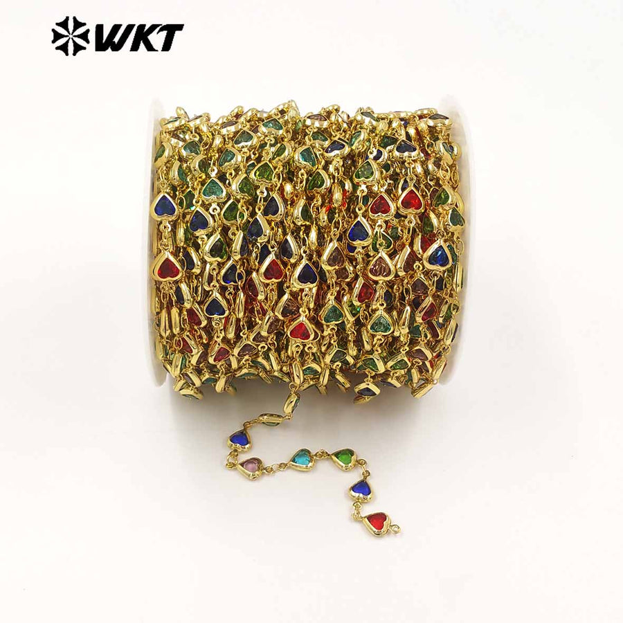 WT-BC280 Lovely Style Gold Plated Yellow Brass And Colorful Crystal Heart Shape Chain For Lady Party Bracelets DIY Design