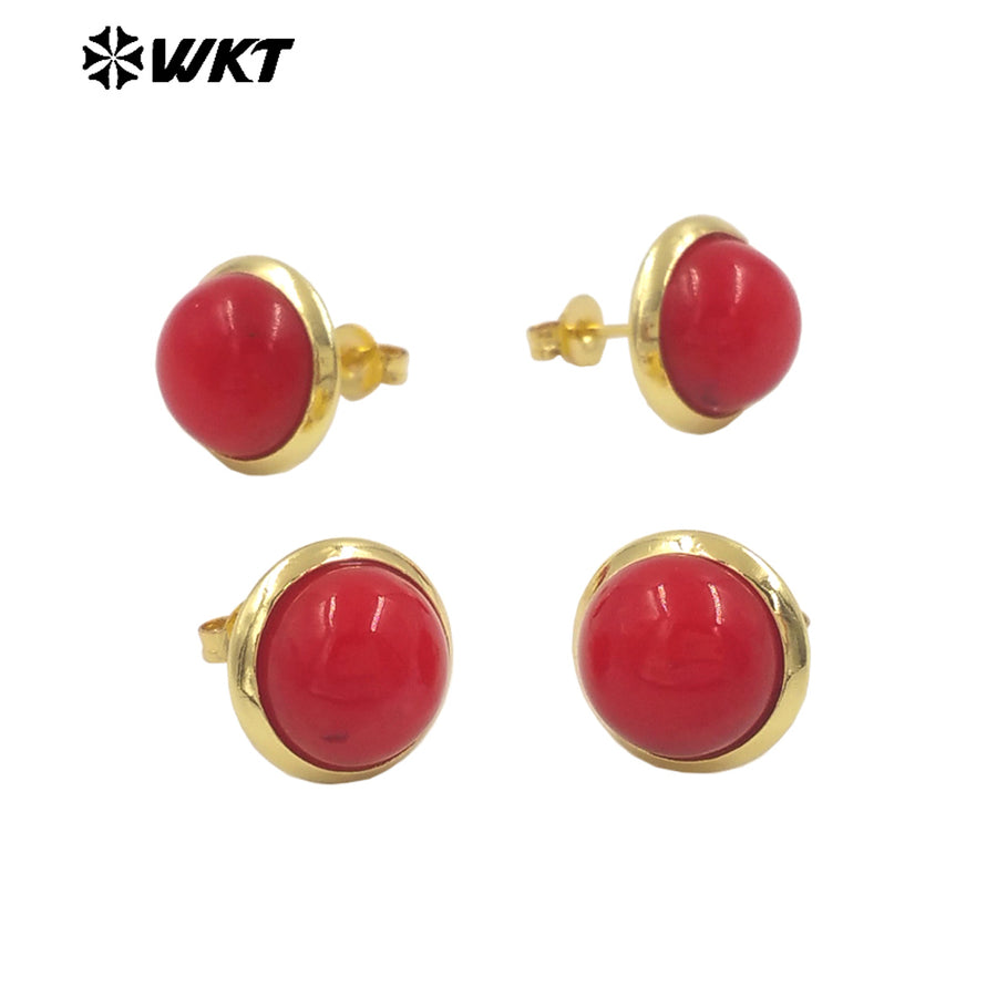WT-MPE132 Good Looking Red Coral Gemstone Gold Plated Simple Designer Round Stud Earrings Vintage Style 10MM