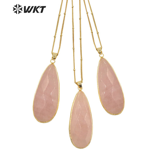 WT-N1347 WKT 2022 Attractive Natural Pink Stone Necklace Long Drop Rose Quartz Necklace for Girls Jewelry Necklace Wedding Party