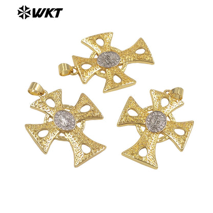 WT-MP331 Newest High Quality Gold Plated Yellow Brass Cross Shap Pendant For Women Religious Style Necklace DIY Making