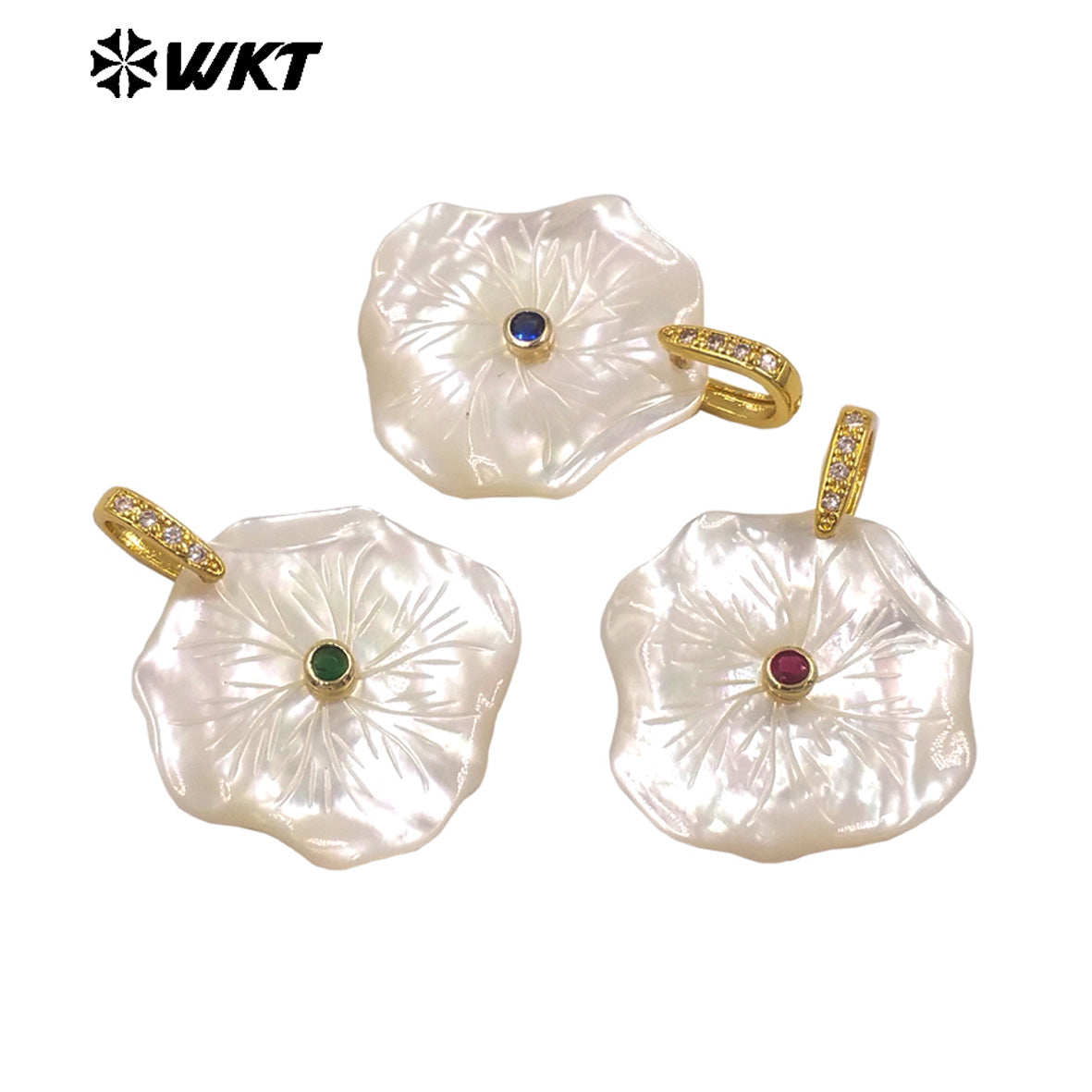 WT-JP524 Unique Fashionable Zircon And Irregular Mother Of Pearl Gold Charms Flower Pendants As Women Necklace Decoration