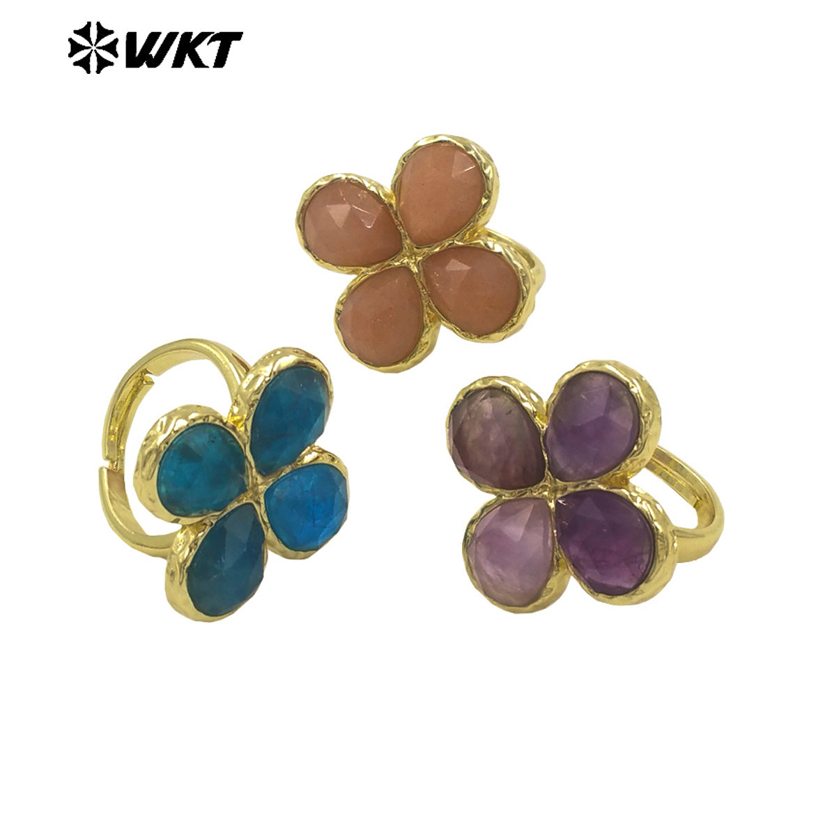 WT-R601 Beautiful 18K Gold Electroplated Natural Gemstones Flower Shape Rings Adjustable For Women Fashion Style Jewelry