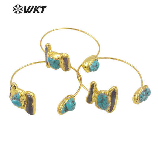 WT-B655 Wholesale Fashion 18K Real Gold Plated Made With Black Pearl and Turquoise Stone Bangle in Adjustable Boho Style