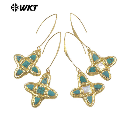 WT-E804 Popular Style Gold Electroplated Natural Turquoise And Pearl Cross Pendant Long Earrings As Women Daily Decorations
