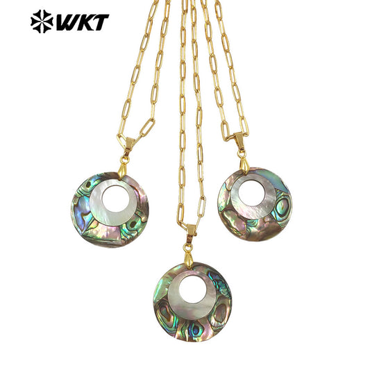 WT-JN350 Vintages Gold Electroplated Rectangle Chain With Natural Abalone Shell Round Hollow Pendant Ladies Necklace Jewelry