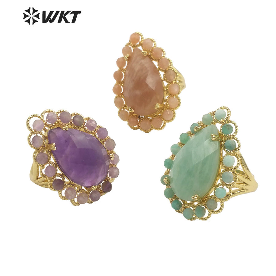 WT-R458 Gorgeous Invisible Setting Natural Teardrop Stone Ring 18k Gold Plated Precious Gemstone Drop Anniversary Ring