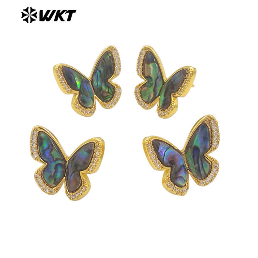 WT-ME110 Exquisite Vivid Butterfly Shape Tiny Zircon Paved Earring With Natural Abalone Shell for Girls Birthday Gifts