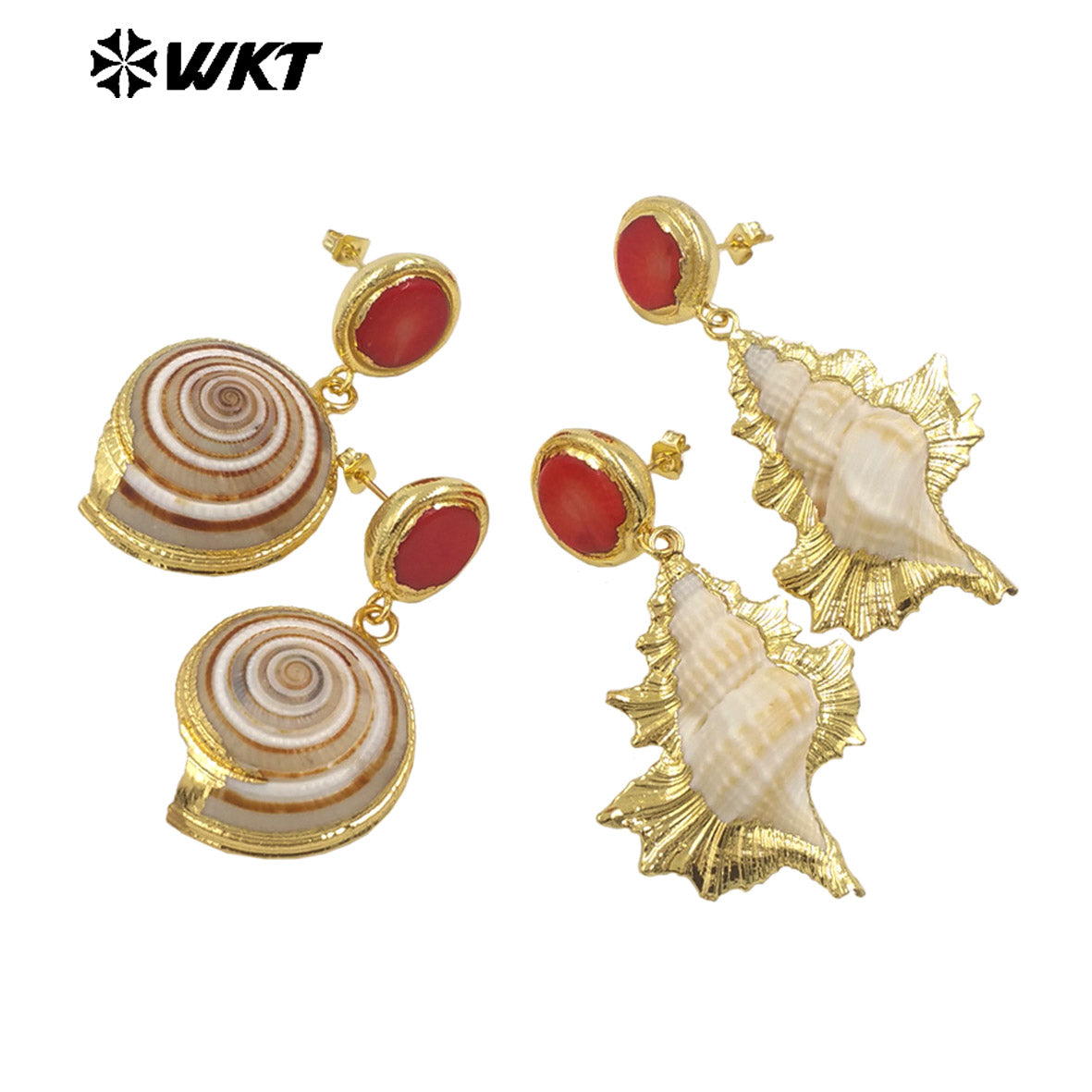 WT-MPE140 New Arrivals Fashion Unique Design 18K Gold Plated Red Coral Shell Trumpet Earrings Jewelry for Women As Special Gift