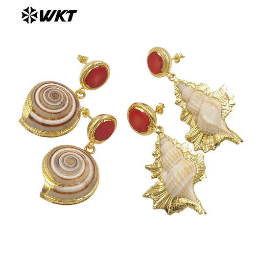 WT-MPE140 New Arrivals Fashion Unique Design 18K Gold Plated Red Coral Shell Trumpet Earrings Jewelry for Women As Special Gift