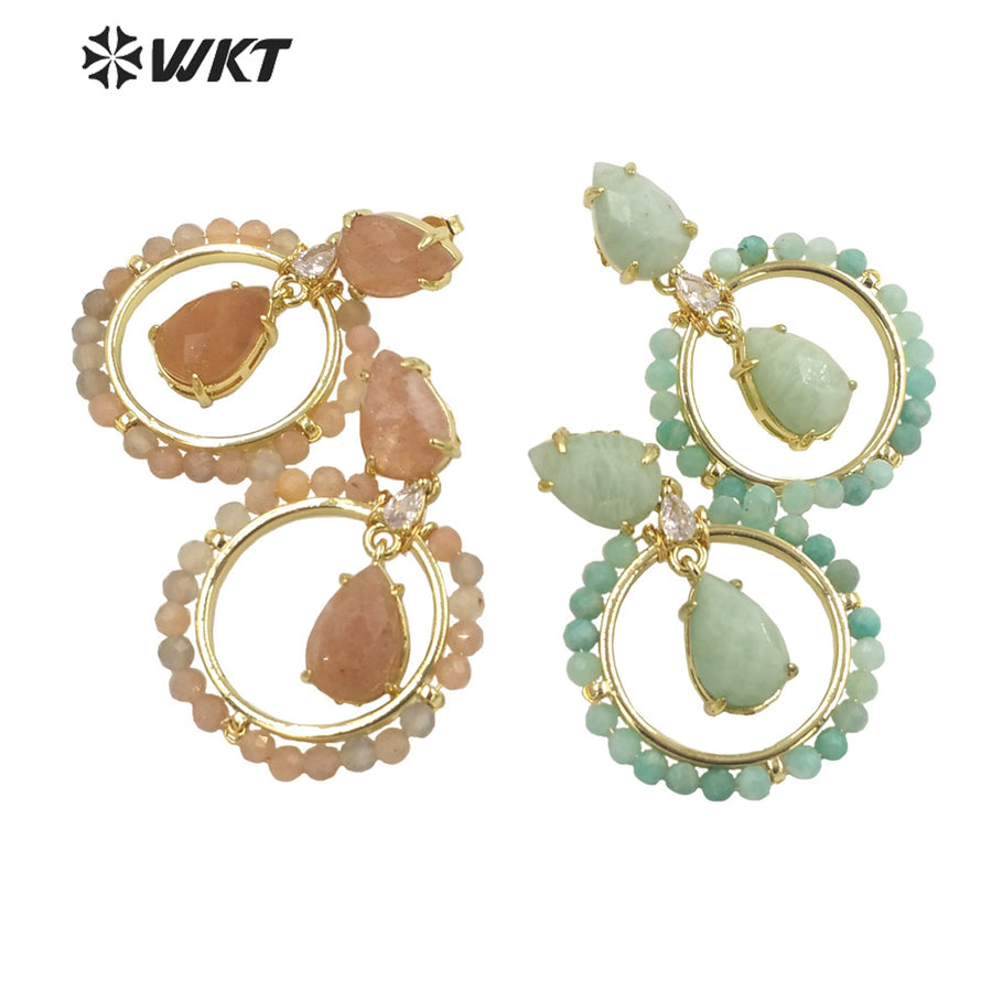WT-E714 WKT Newest Summer Design Gorgeous Multi Natural Gemstone Big Hoop Earrings Gold Plated Lead Free Amazonite Stone Studs