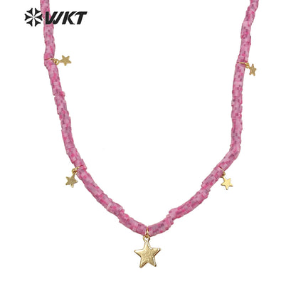 WT-JN197 Wholesale 4mm Resin Magic Color Tiny Star Charm Necklace Elegant pink Simple Necklace for Women Jewelry Chain Necklace