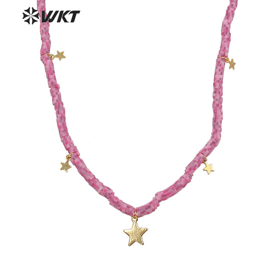WT-JN197 Wholesale 4mm Resin Magic Color Tiny Star Charm Necklace Elegant pink Simple Necklace for Women Jewelry Chain Necklace