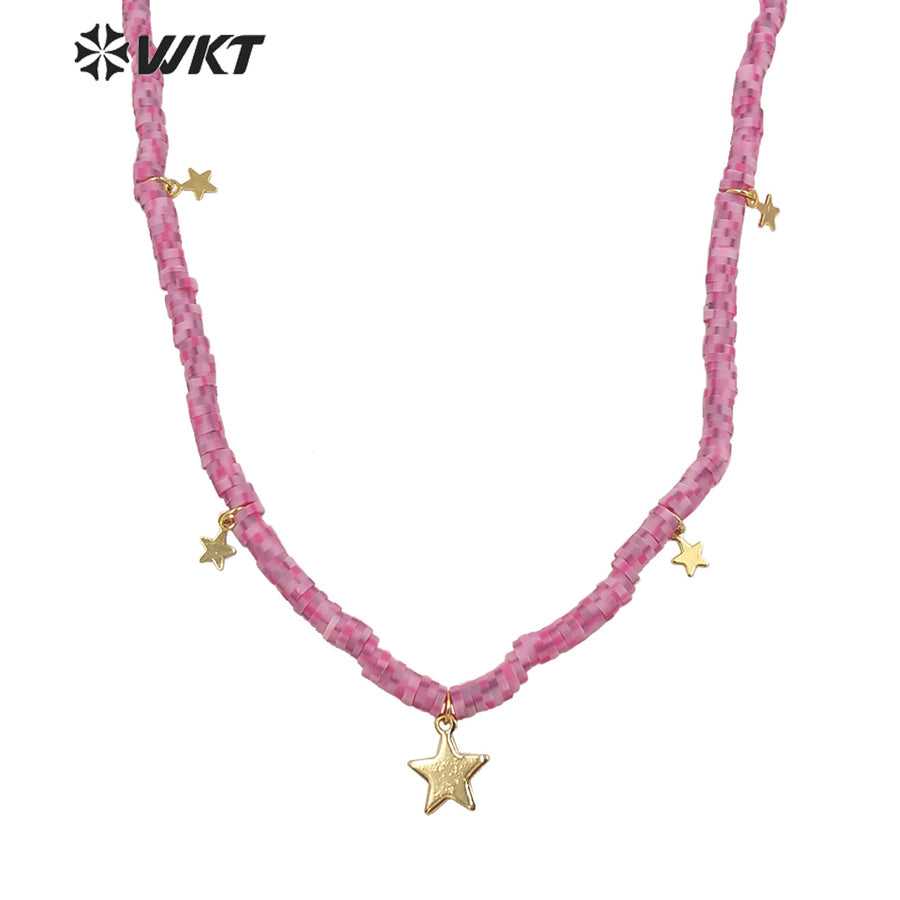 WT-JN197 Wholesale 4mm Resin Magic Color Tiny Star Charm Necklace Elegant pink Simple Necklace for Women Jewelry Chain Necklace