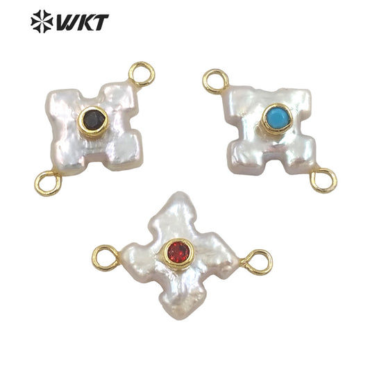 WT-JP252 WKT NEW Natural Freshwater Pearl Cross Pendant Fashion Gold Simple Cz Charm Double Loops Connector As Jewelry Findings