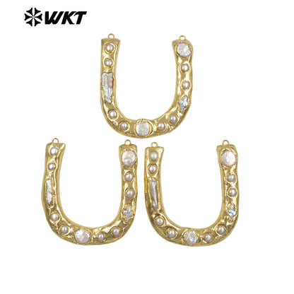 WT-PC013 Wholesale Back Full Gold Plated Natural Freshwater Pearl U Letter Shape Big Connectors As DIY Jewelry Accessories
