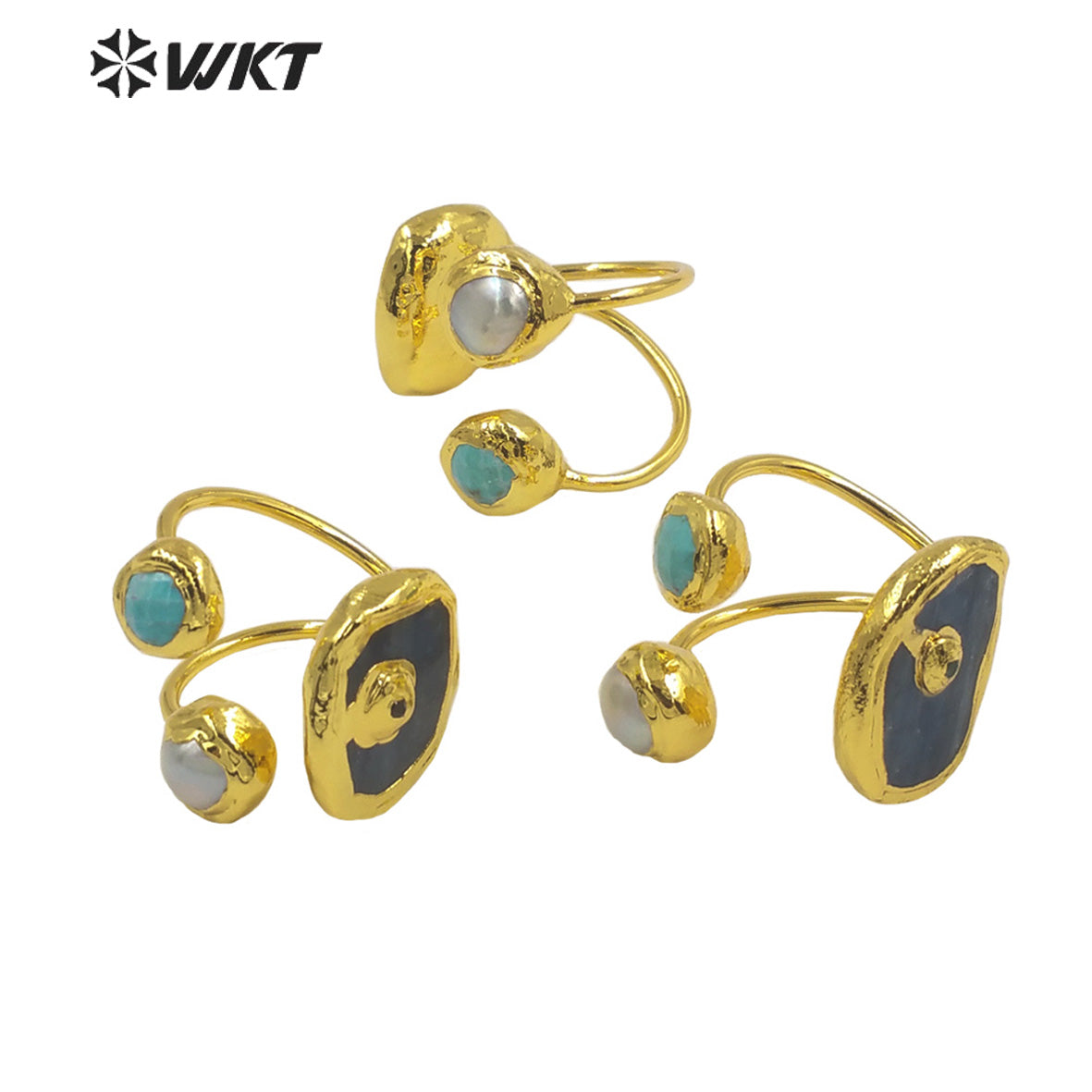 WT-R474 New Design Natural Turquoise & Pearl& Kyanite 18K Gold Plated Peacock Stone Ring Boho Charming Ring