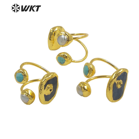WT-R474 New Design Natural Turquoise & Pearl& Kyanite 18K Gold Plated Peacock Stone Ring Boho Charming Ring
