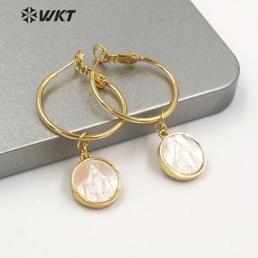 WT-MPE047 Amazing Fawshion Gold Religious Push Back Mary Pendant Earrings Women Big Round Clasp Earrings Virgin Shell Earrings