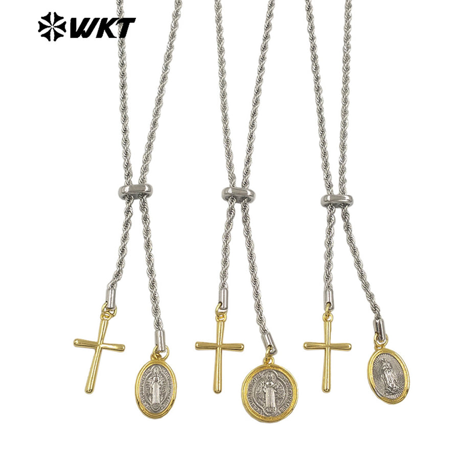 WT-JFN56 Religious Style Silver Chain With Yellow Brass Gold Plated Cross Round Charms Necklace As Ladies Daily Decorations