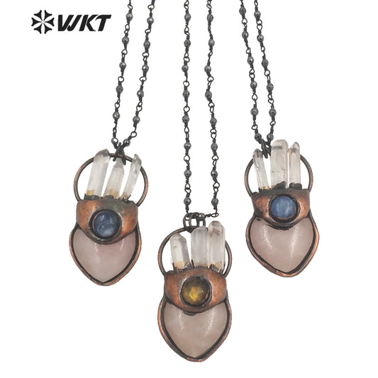 WT-N1341 WKT Natural Rose Quartz With Crystal Pendant Lovely Necklace Exquisite Heart Shape Natural Stone Jewelry Necklace