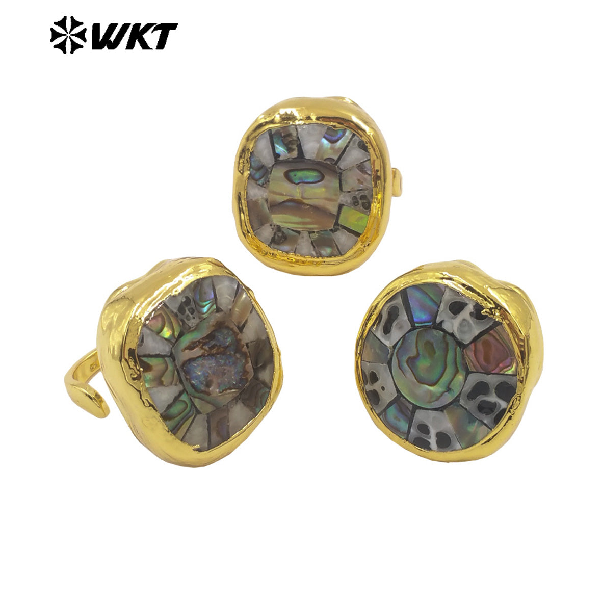 WT-MPR144 Good Quality Boutique Natural Shell Round And Square Gold Electroplated Adjustable Rings For Party Unique Accessories
