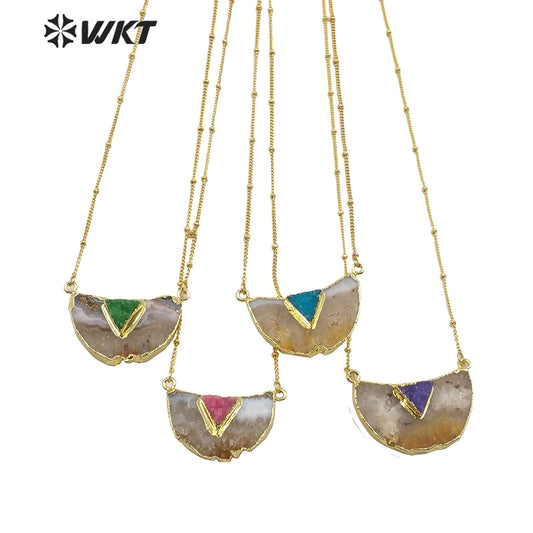 WT-N1208 Wholesale Natural Yellow Citrine Quartz Necklace With Druzy Quartz Charm Fashion Charm Jewelry Yellow Stone Necklace