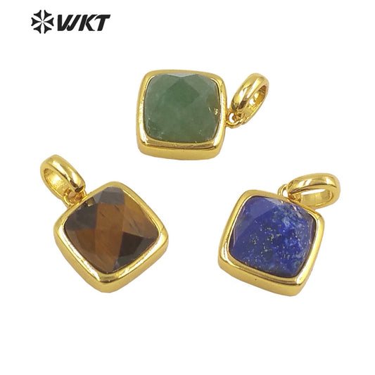 WT-P1837 Wholesale Fashion Gold Bezel Tiny square Stone Pendants Hot Faceted Gemstone Made Lovely Delicate Women Necklace Charms