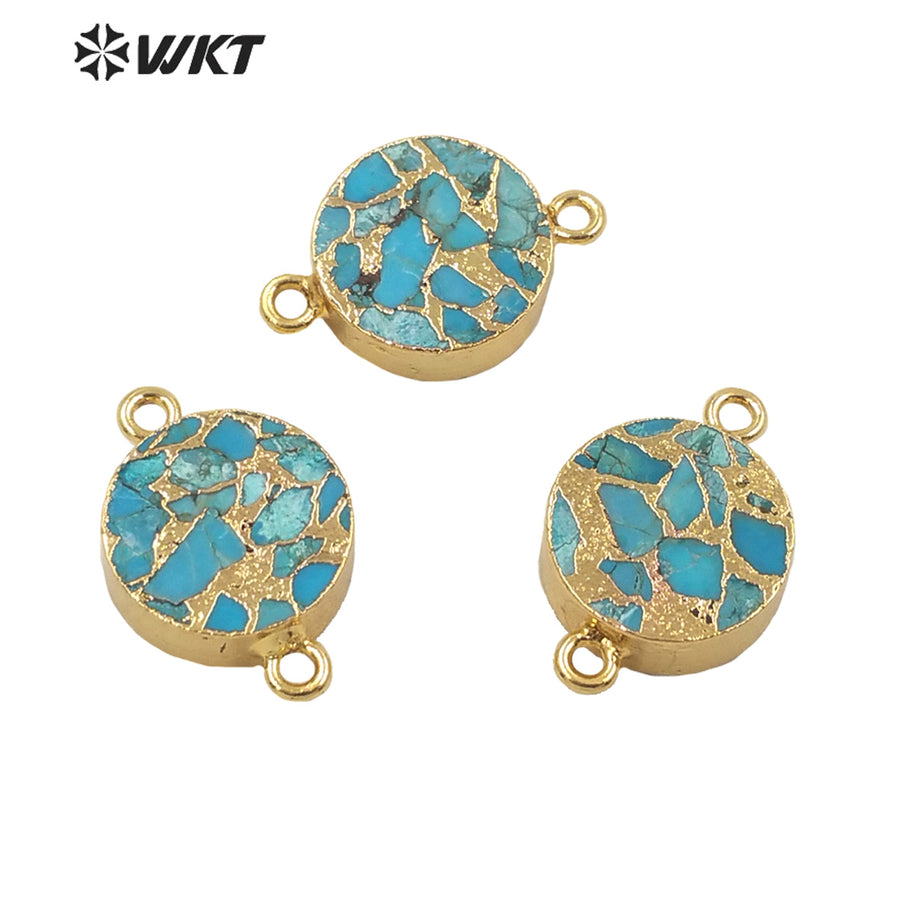 WT-C300 WKT Newest Natural Copper Turquoise Stone Connectors for Jewelry Bracelet and Necklace Double Loops Round Stone Pendant