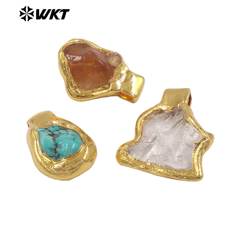WT-P2035 Delicate Gold Plated Natural Quartz And Turquoise Irregular Little Stone Pendant For DIY Making Friend Gift Jewelry