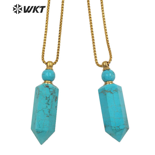 WT-N1271 Wholesale Popular Green Turquoise Perfume Bottle Necklace Precious Stone Made Energy Stone Bottle for Essential Oil