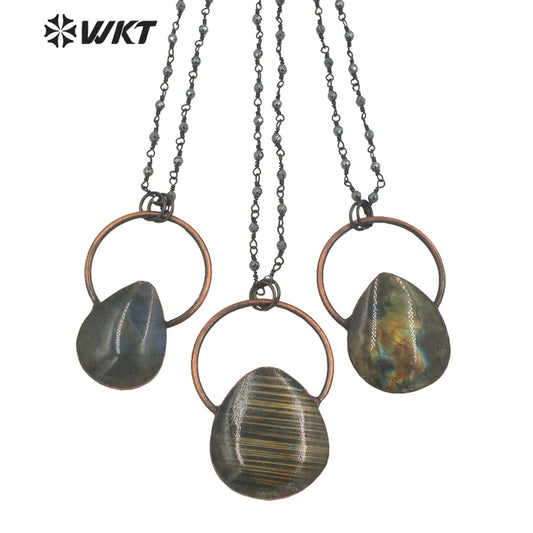 WT-N1334 WKT Vintage Shiny Antique Copper Water Drop Shape Natural Stone Labradorite with Copper Big Ring Jewelry Necklace