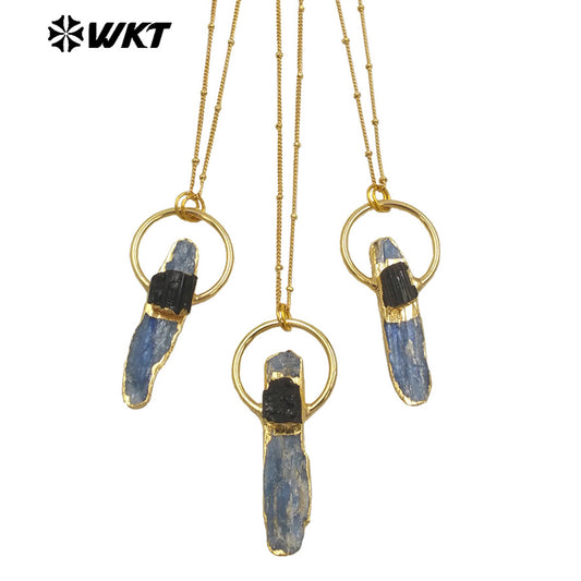 WT-N1471 Wholesale Fashion Design Natural Raw Blue Kyanite With Black Tourmaline Charm Vintage Boho Necklace